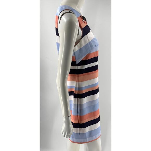 Vince Camuto Shift Dress Size 6 Striped Coral Pink Blue Beaded Neck Cocktail - Picture 3 of 6
